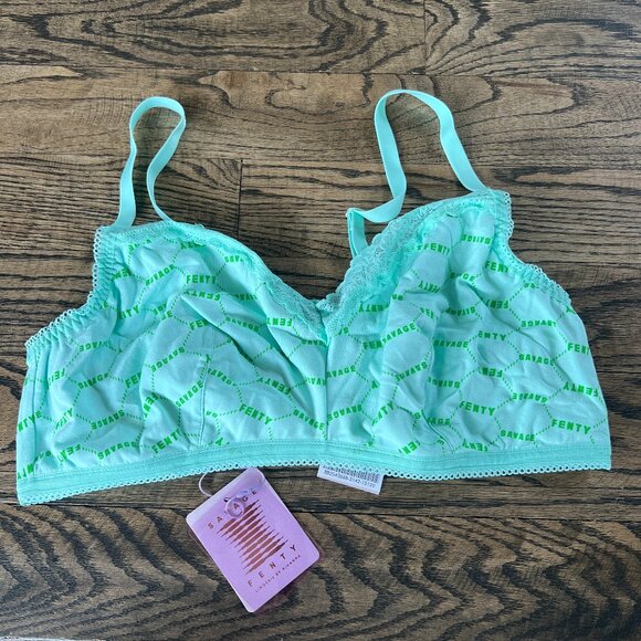 Savage x Fenty Women Bra 3X Curvy Bralette Logo Allover Wireless Mint Cream NWT - Picture 1 of 6